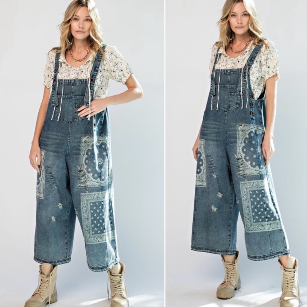 Vintage Wash Paisley Print Oversized Overalls